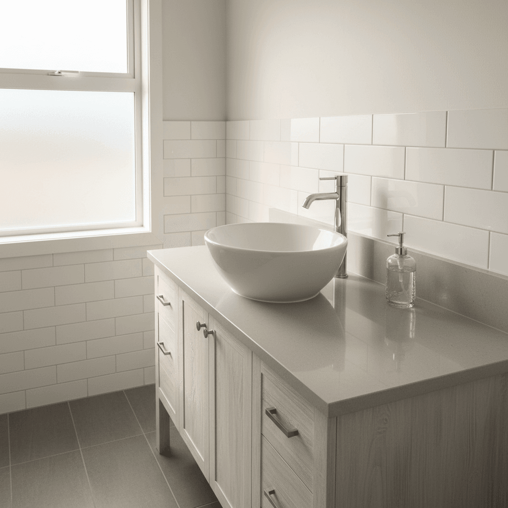 Newly installed white bathroom sink and vanity.