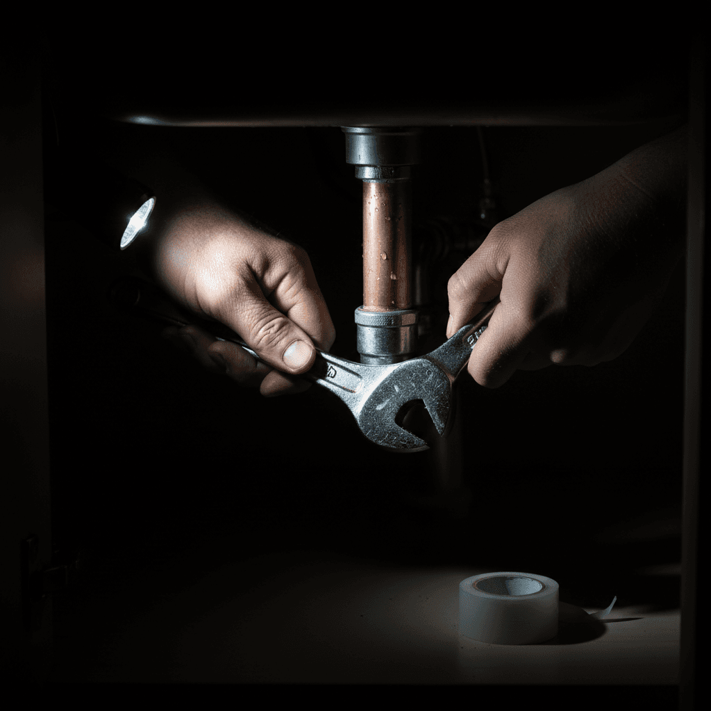 Plumber's hands tightening a copper pipe joint under a sink.