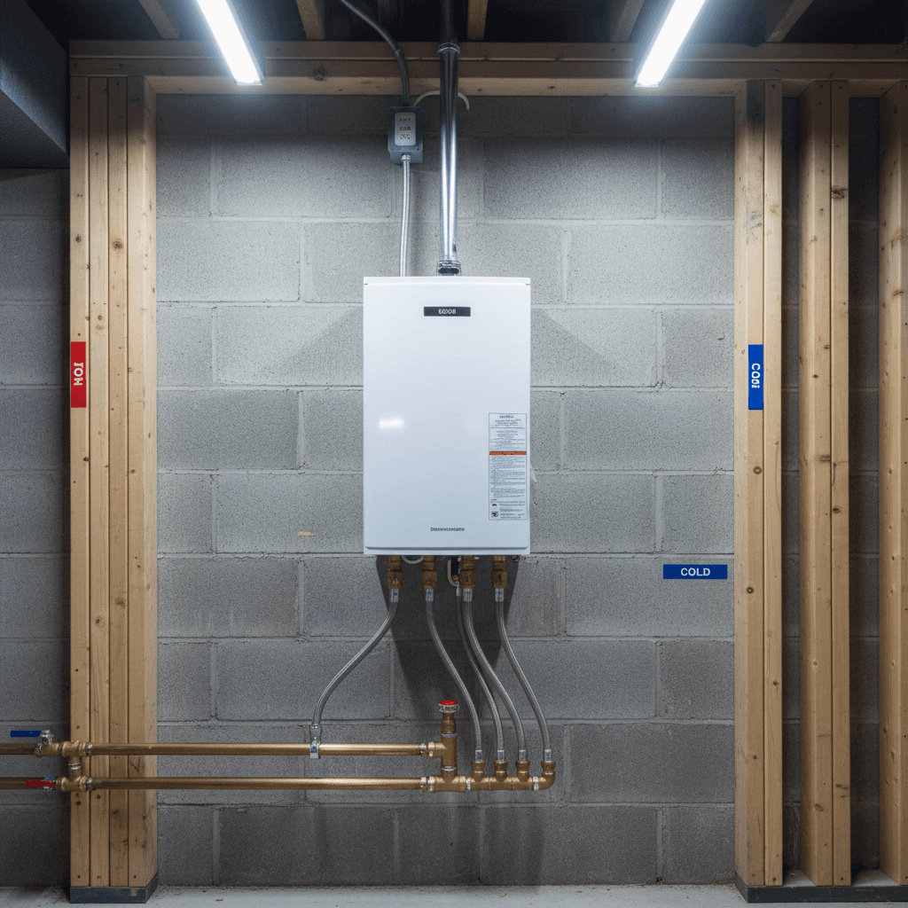 Mounted tankless water heater with neat pipe connections.