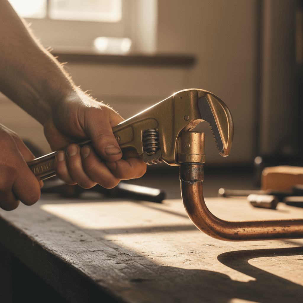 Close-up of a plumber's hands on a wrench
