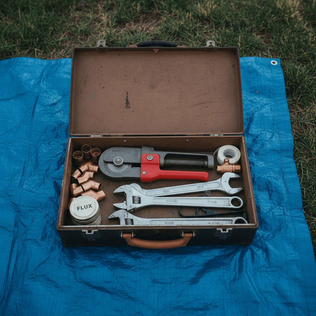 Open toolbox with plumbing tools organized on a blue tarp.