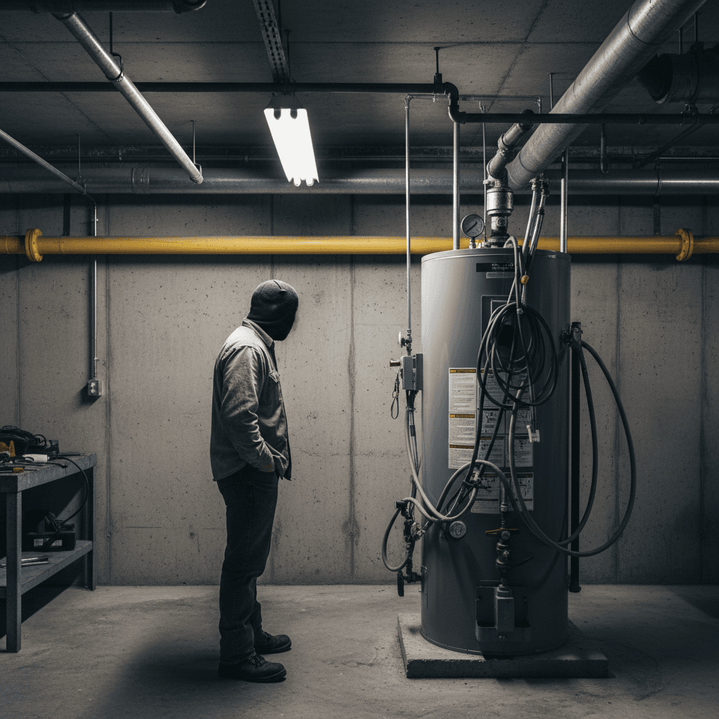 Plumber inspecting a commercial water heater in a mechanical room.